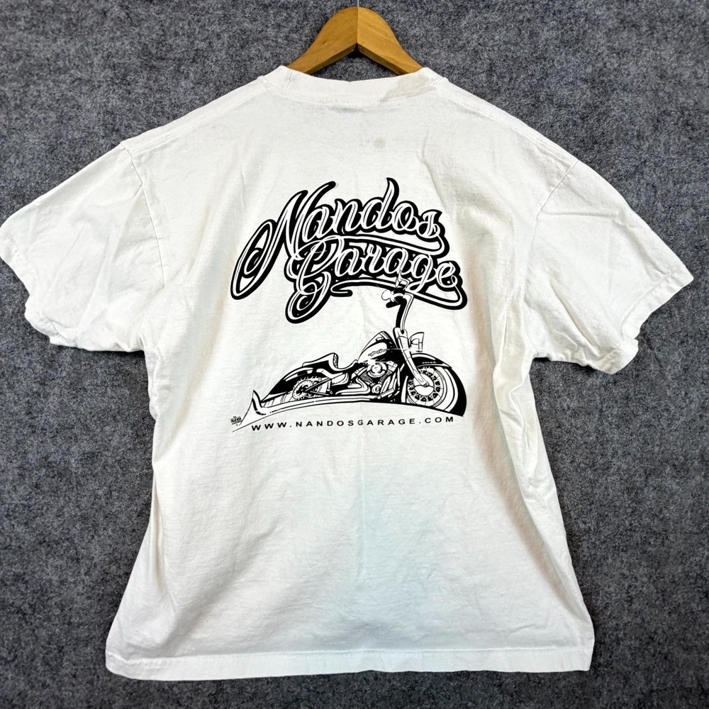 Nando's Garage Motorcycle Graphic Pro Club Comfort T-Shirt Mens XL White Cotton